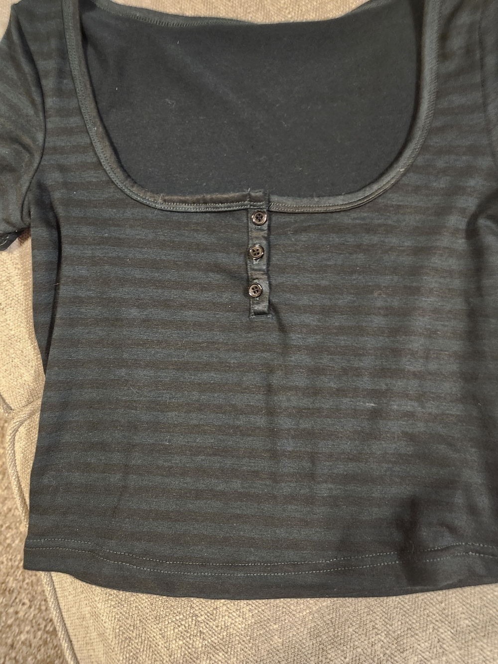 Striped Scoop-Neck Crop Henley Top in Black and Charcoal